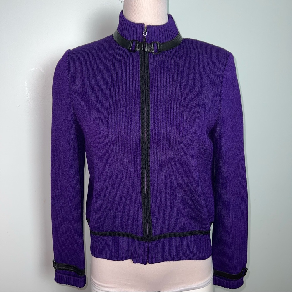 St. John VNT Purple Purple Knit Sweater Cardigan / Jacket Leather Trim Size 6